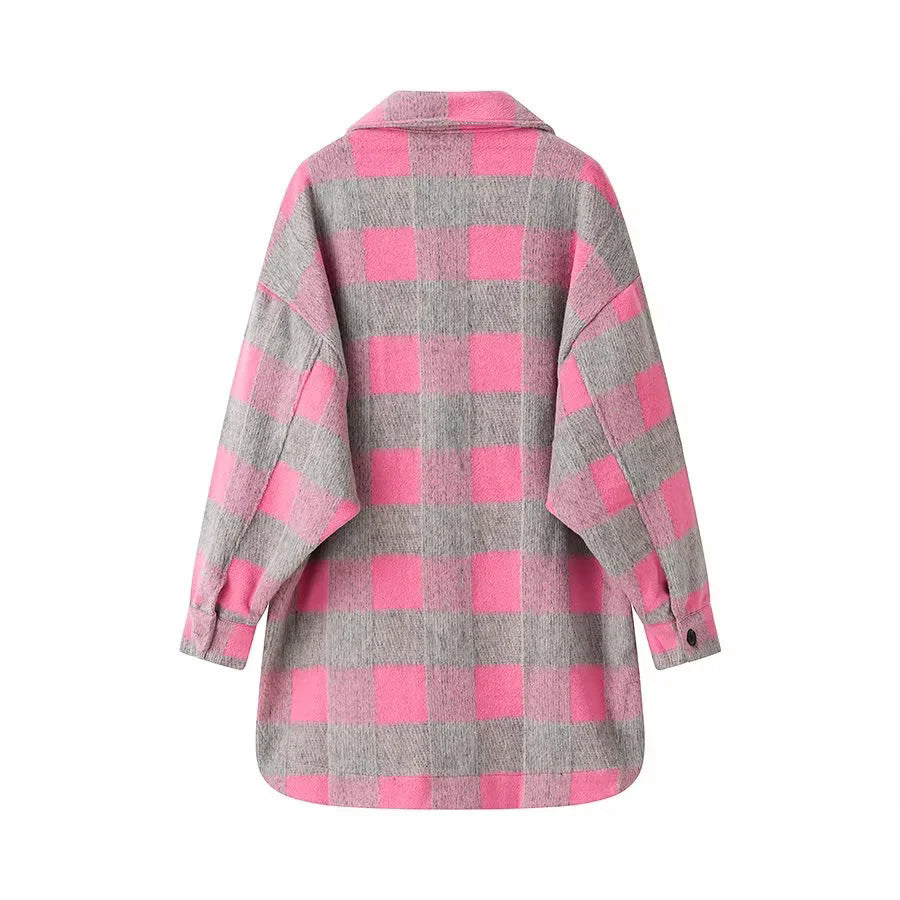 Women's Oversized Checked Shacket with Patch Chest Pockets and Rounded Hemline Chichicherry
