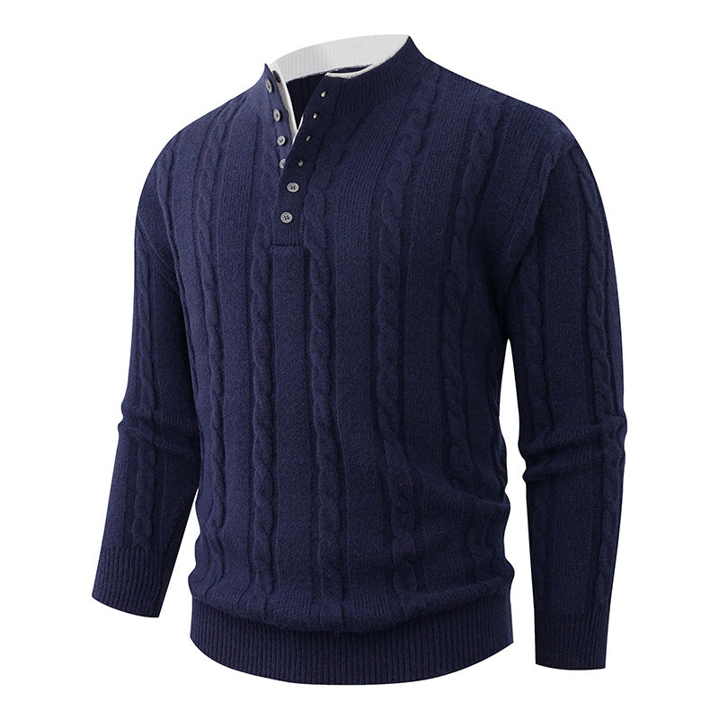 Men's Structured Cable Knit Sweater with Button Placket and Stand Collar Chichicherry