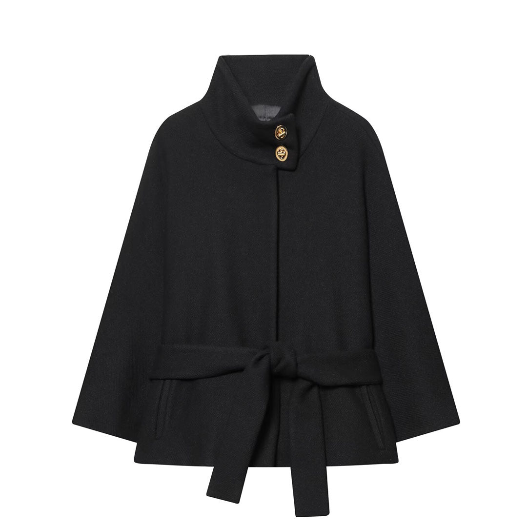 Ladies Cape Coat with Stand Collar, Tie Belt and Decorative Decorative Buttons Chichicherry