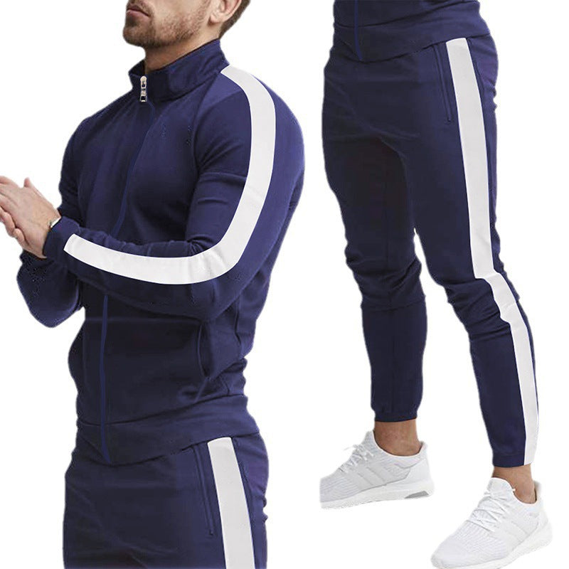Men's Stylish Tapered Training Suit in Retro Stripe Look with Stand-Up Collar Chichicherry