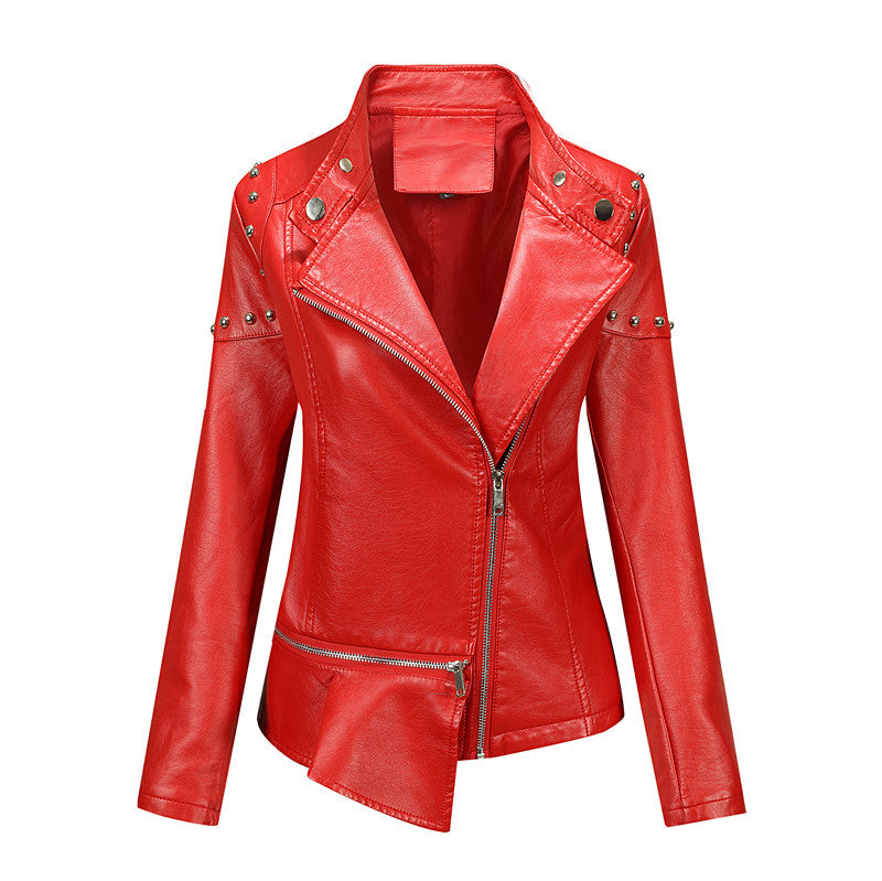 Women Asymmetrical Faux Leather Biker Jacket with Studs & Asymmetrical Zipper Chichicherry