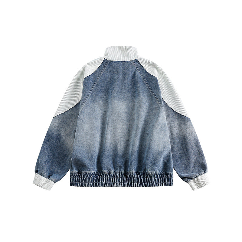 Unisex Boxy Jeans Jacket in Patchwork Look with Stand-Up Collar and Zipper Chichicherry