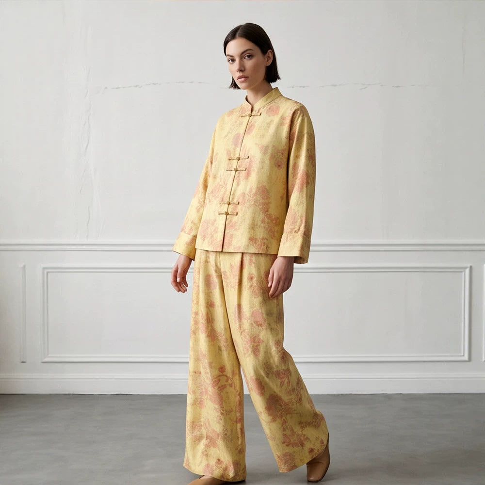 Womens Two-Piece Jacquard Set with Mandarin Collar and Wide Cut Trousers Chichicherry