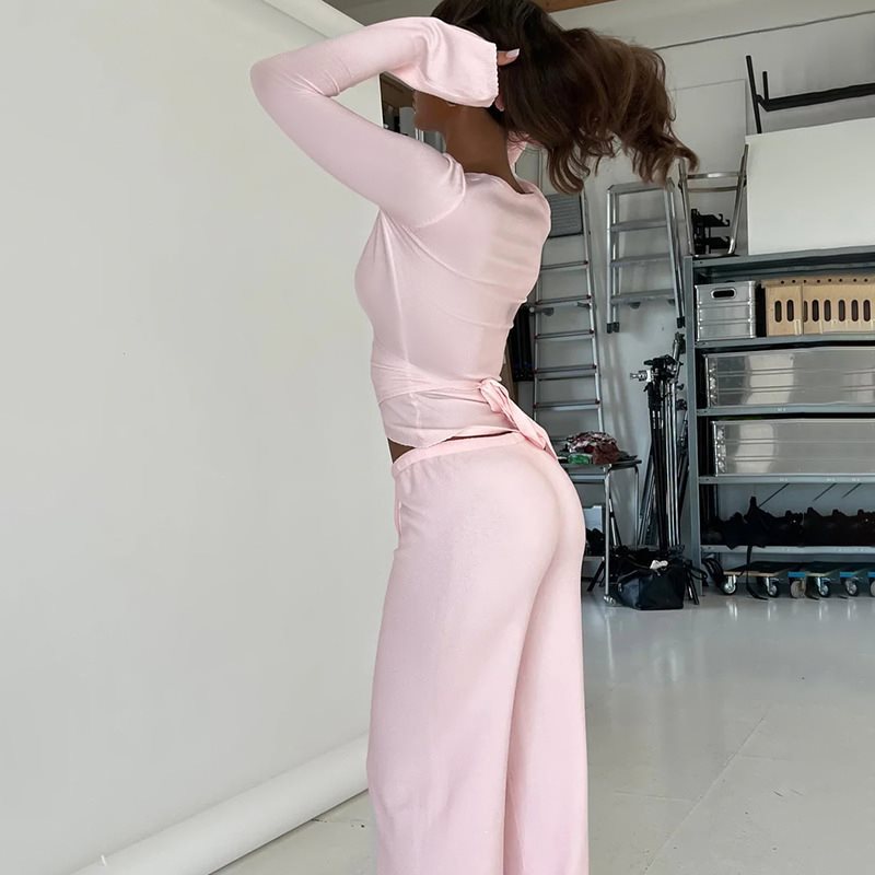 Women Wide High-Waist Lounge Pants made of Fine Knit with Drawstring Chichicherry