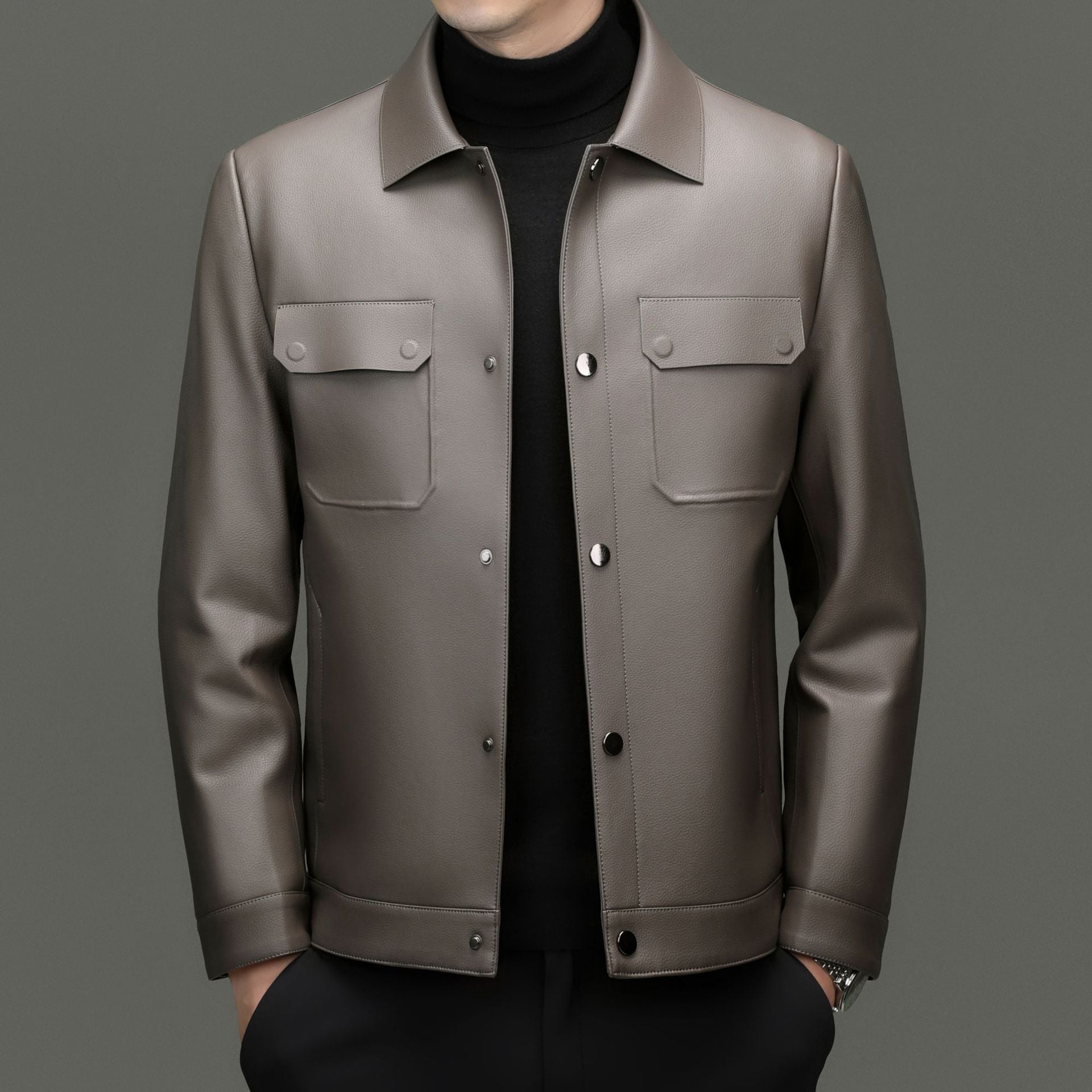 Men's leather jacket in shirt style with snap button closure and patched chest pockets Chichicherry