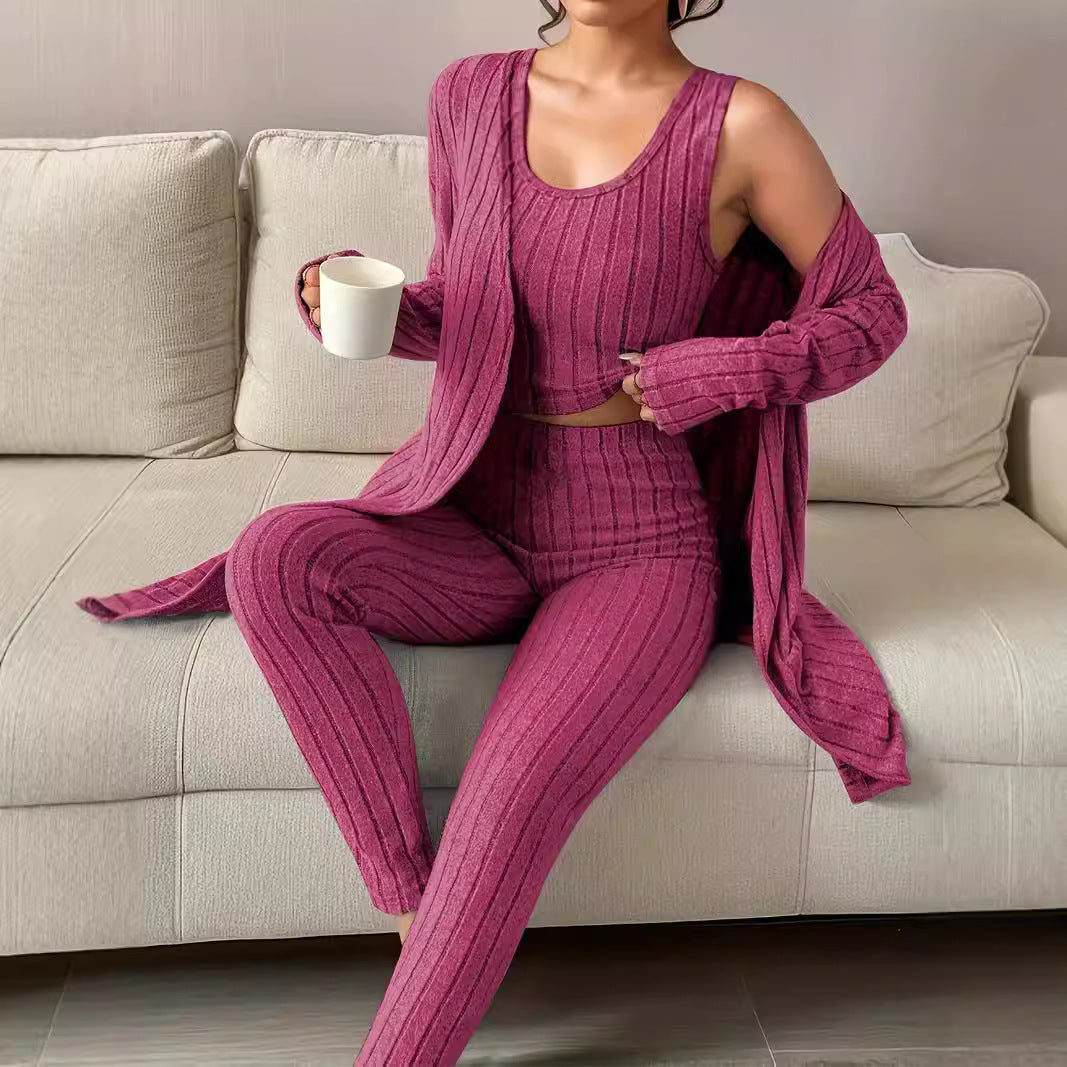 Women's Ribbed Lounge Set with Cropped Top, High-Waist Leggings and Long Cardigan Chichicherry