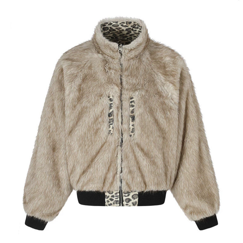 Women quilted bomber jacket with faux fur stand-up collar, all-over leopard print and ribbed cuffs Chichicherry