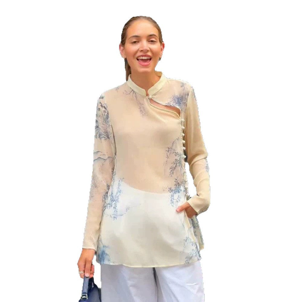 Women's Transparent Chiffon Blouse with Mandarin Collar, Asymmetrical Button Placket & Floral Print Chichicherry