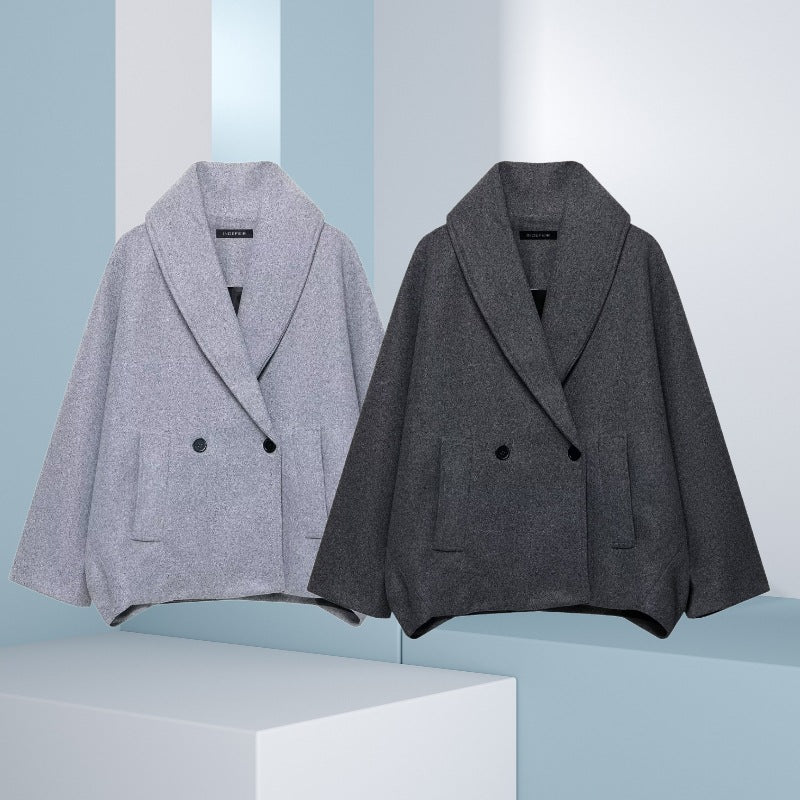 Women Boxy Wool Blend Cape Coat with Wide Shawl Collar and Double Button Placket Chichicherry