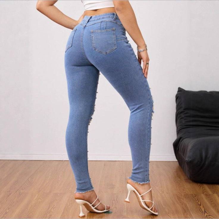 Women Pearl-Embellished High-Waist Skinny Jeans with Knee Rips and Raw Hem Chichicherry