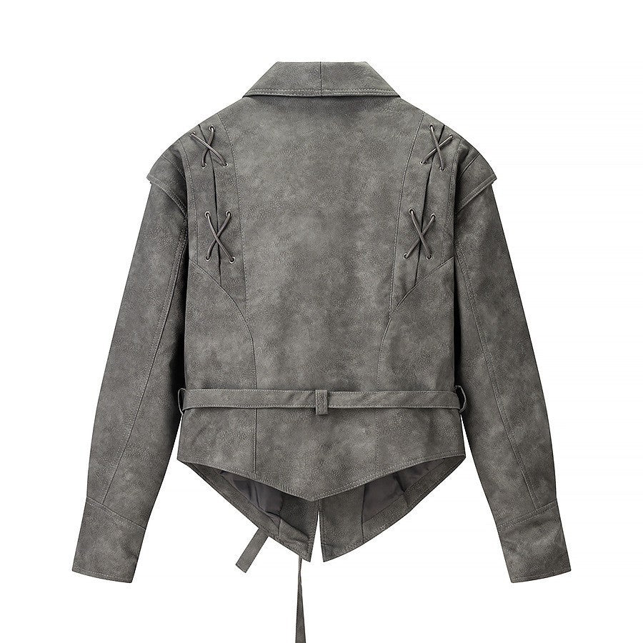 Women's short jacket in velour look with wrap belt and lacing detail Chichicherry