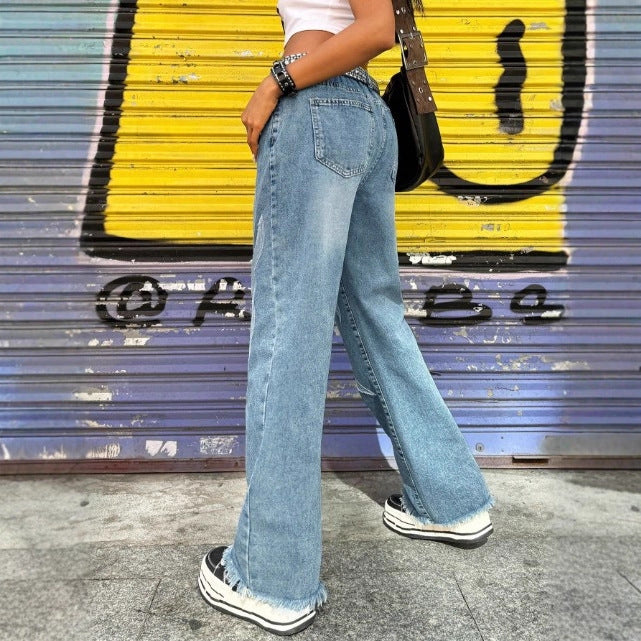 Women wide denim jeans with tribal appliqué, raw hem and relaxed fit Chichicherry