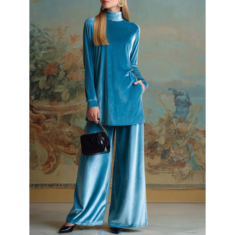 Women’s Oversized Velvet Set with Turtleneck and Wide Palazzo Pants Chichicherry