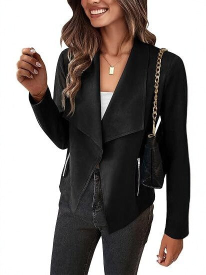 Women Faux Suede Waterfall Blazer with Asymmetrical Hem and Zipper Pockets Chichicherry