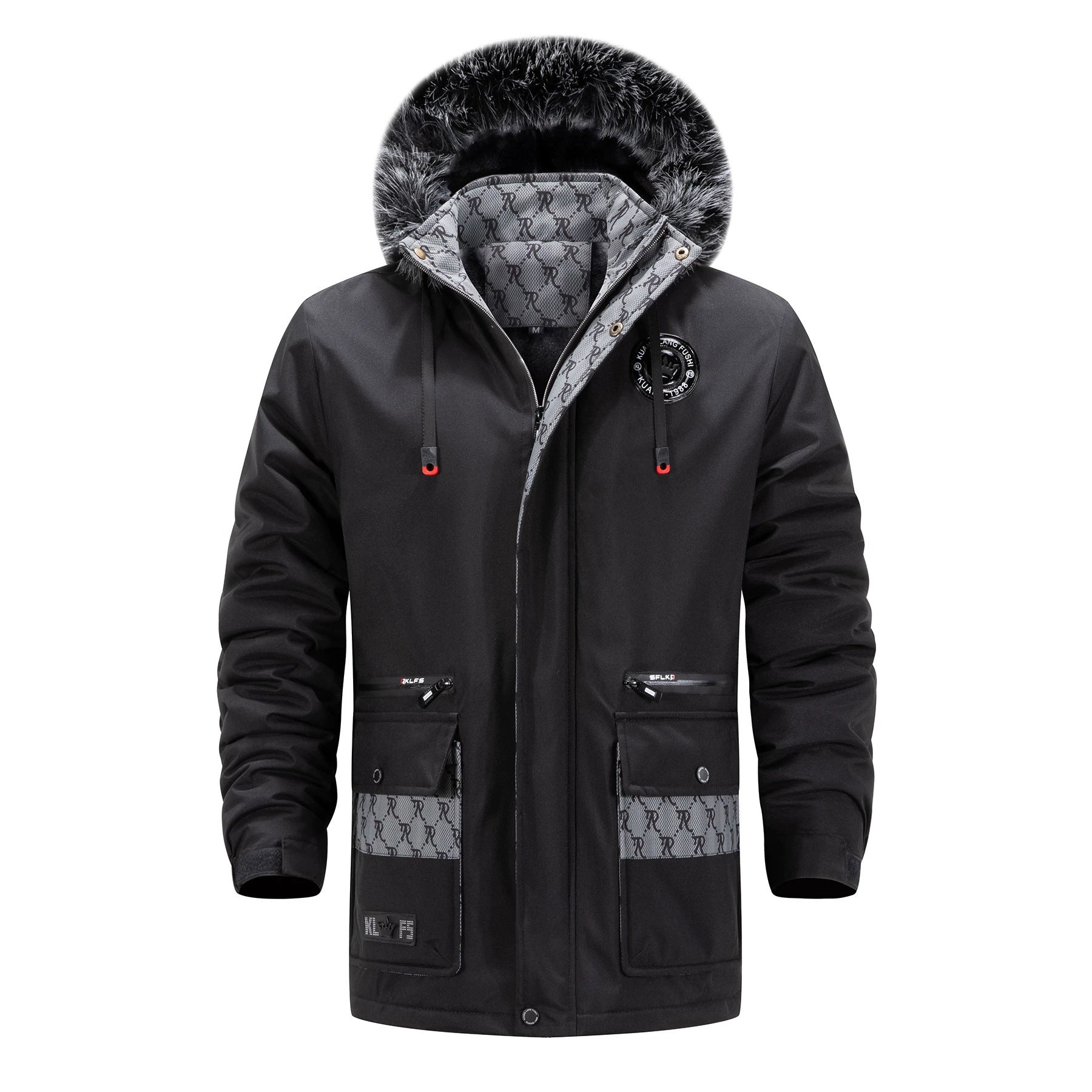 Men's Long Thermal Parka with Hood, Logo Lining and Multifunctional Pockets Chichicherry
