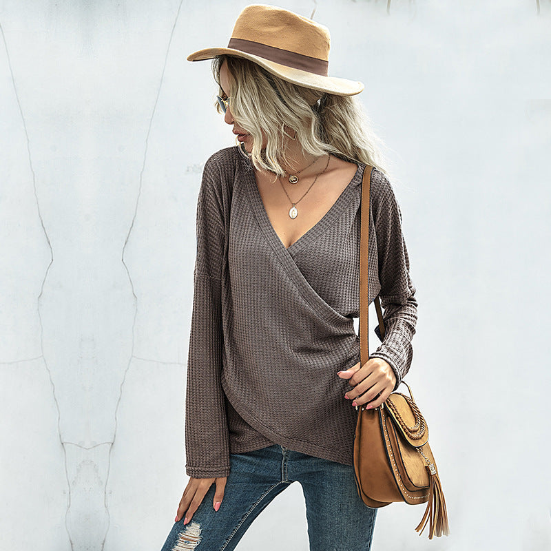 Women's Waffle Knit Wrap Shirt with V-Neck and Long Sleeves Chichicherry