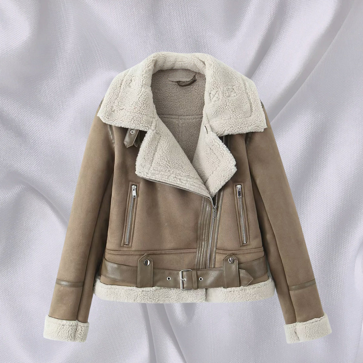 Women's Short Cut Lambskin Imitation Biker Jacket with Asymmetric Zipper, Belt and Teddy Lining Chichicherry