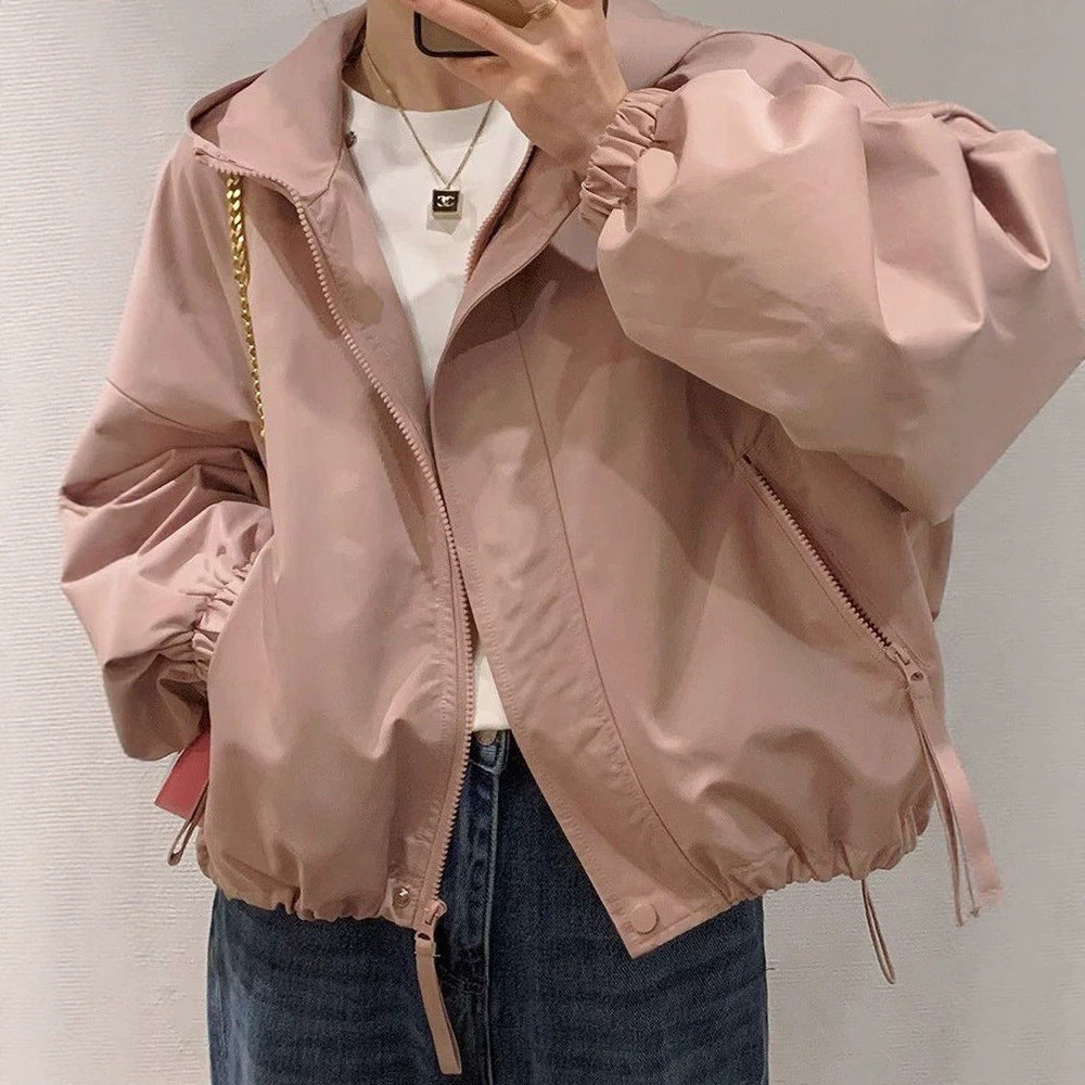 Women's oversized bomber-style hooded jacket with drawstring, elastic cuffs, and side zip pockets Chichicherry