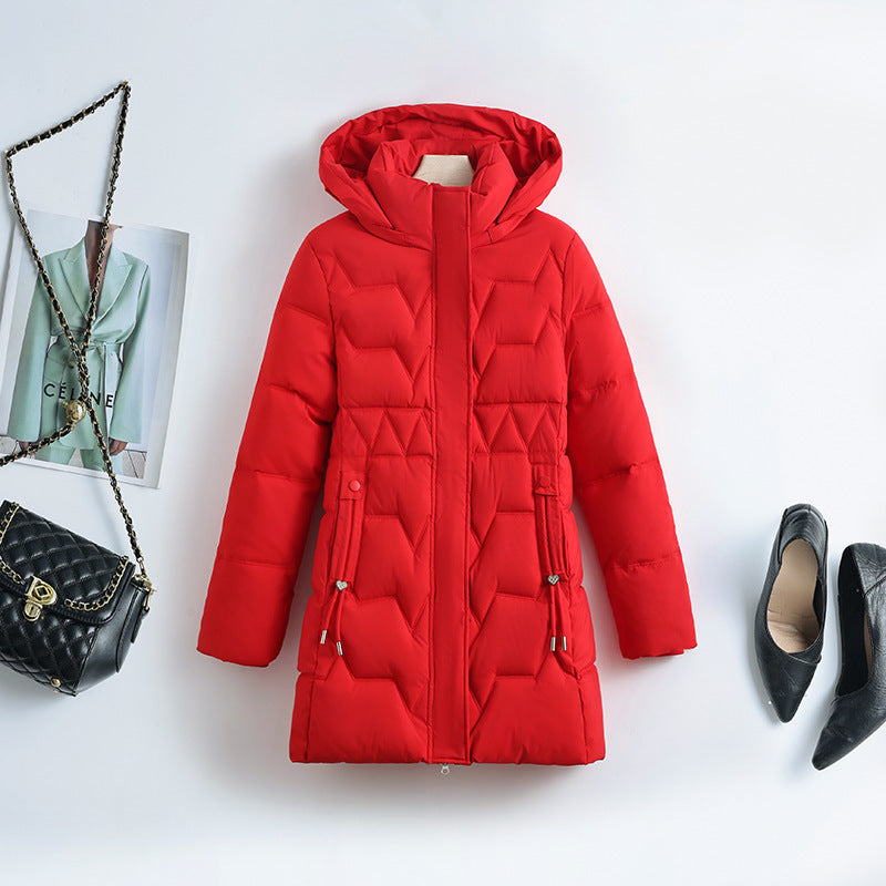Women's mid-length padded coat with hood, fitted drawstring and geometric decorative stitching Chichicherry