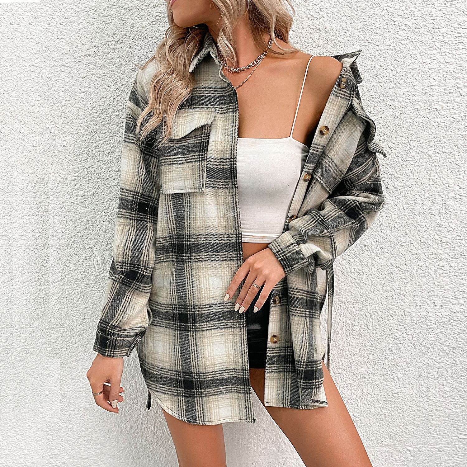 Women Checked Longline Shirt Coat with Button Placket and Waist Belt Chichicherry
