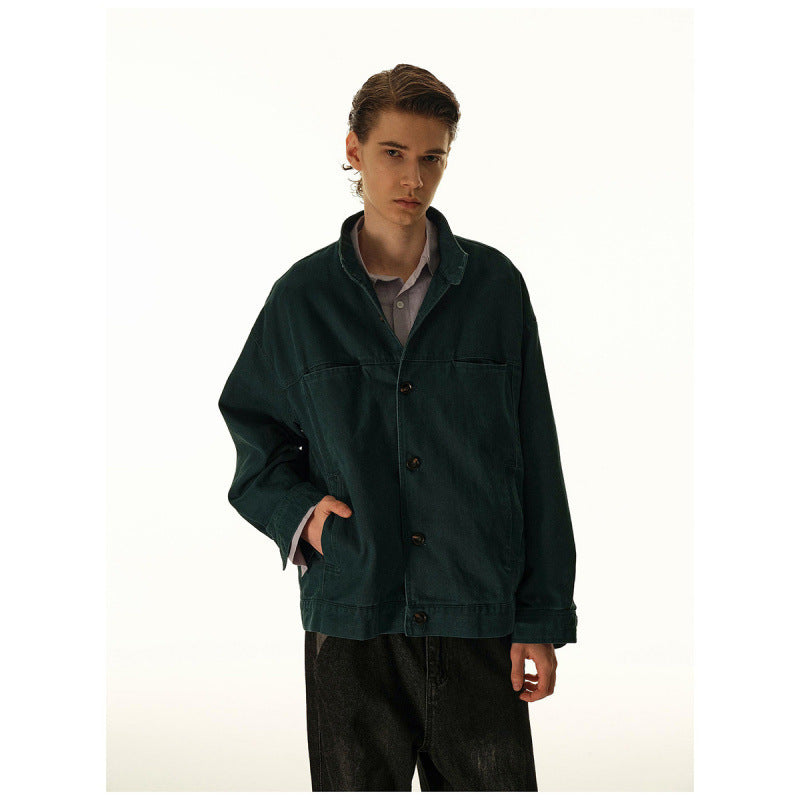 Men's Loose Canvas Overshirt with Stand-Up Collar, Patch Pockets and Distinctive Stitching Details Chichicherry