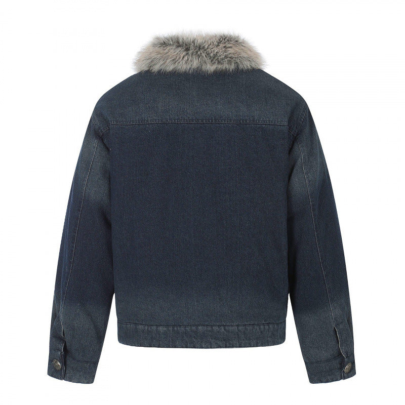 Men's denim jacket in military-inspired ornament style with faux fur trim Chichicherry