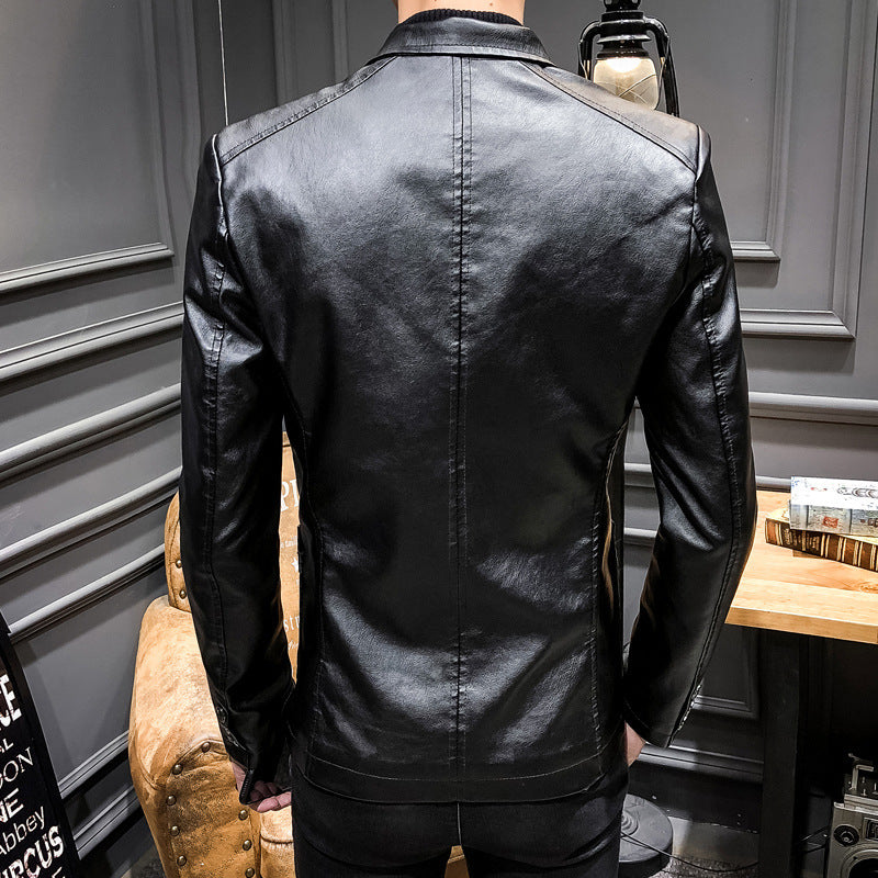Men's Faux Leather Blazer in Slim Fit with Chest Pocket and Patch Pockets Chichicherry