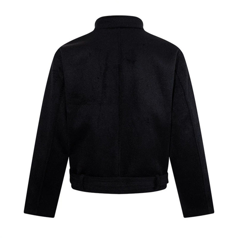 Men's Short Wool Blend Jacket with Stand-up Collar, Full Button Placket and Waist Belt Chichicherry