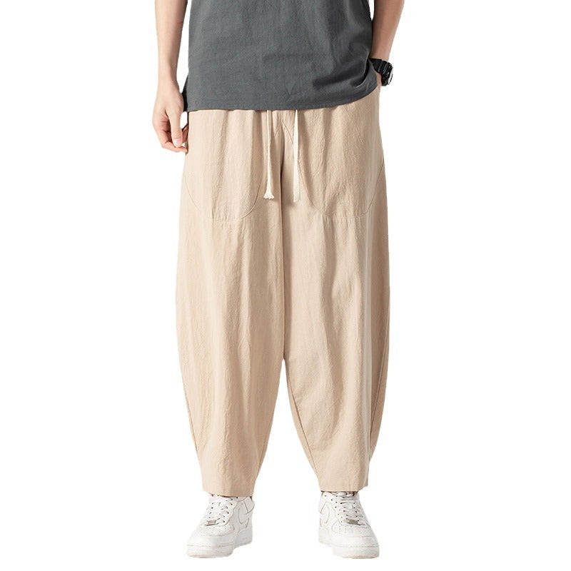Men's Casual Linen-Cotton Pants with Wide Leg, Drawstring, and Patch Pockets Chichicherry