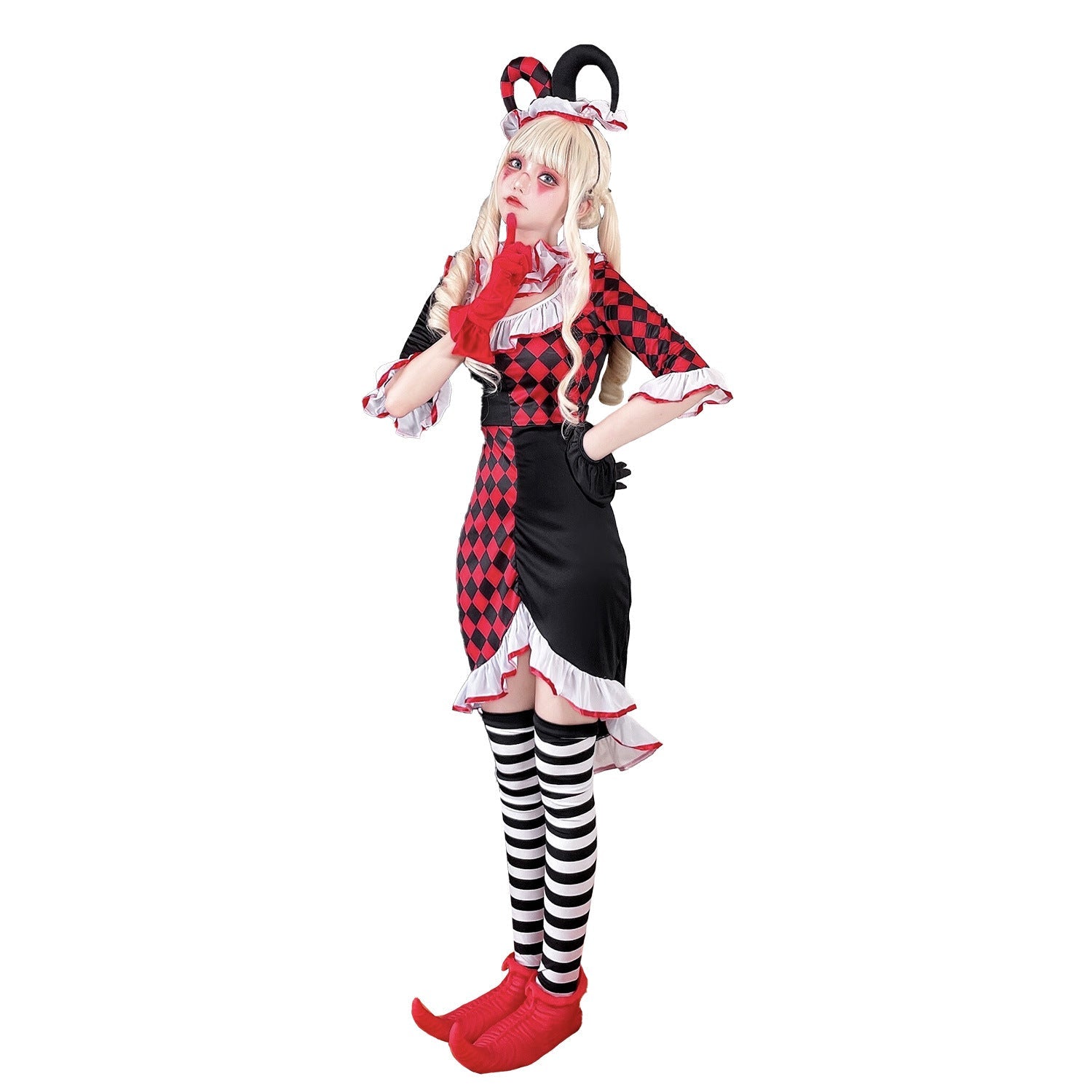 Girl clown costume with playful striped stockings and hat Chichicherry