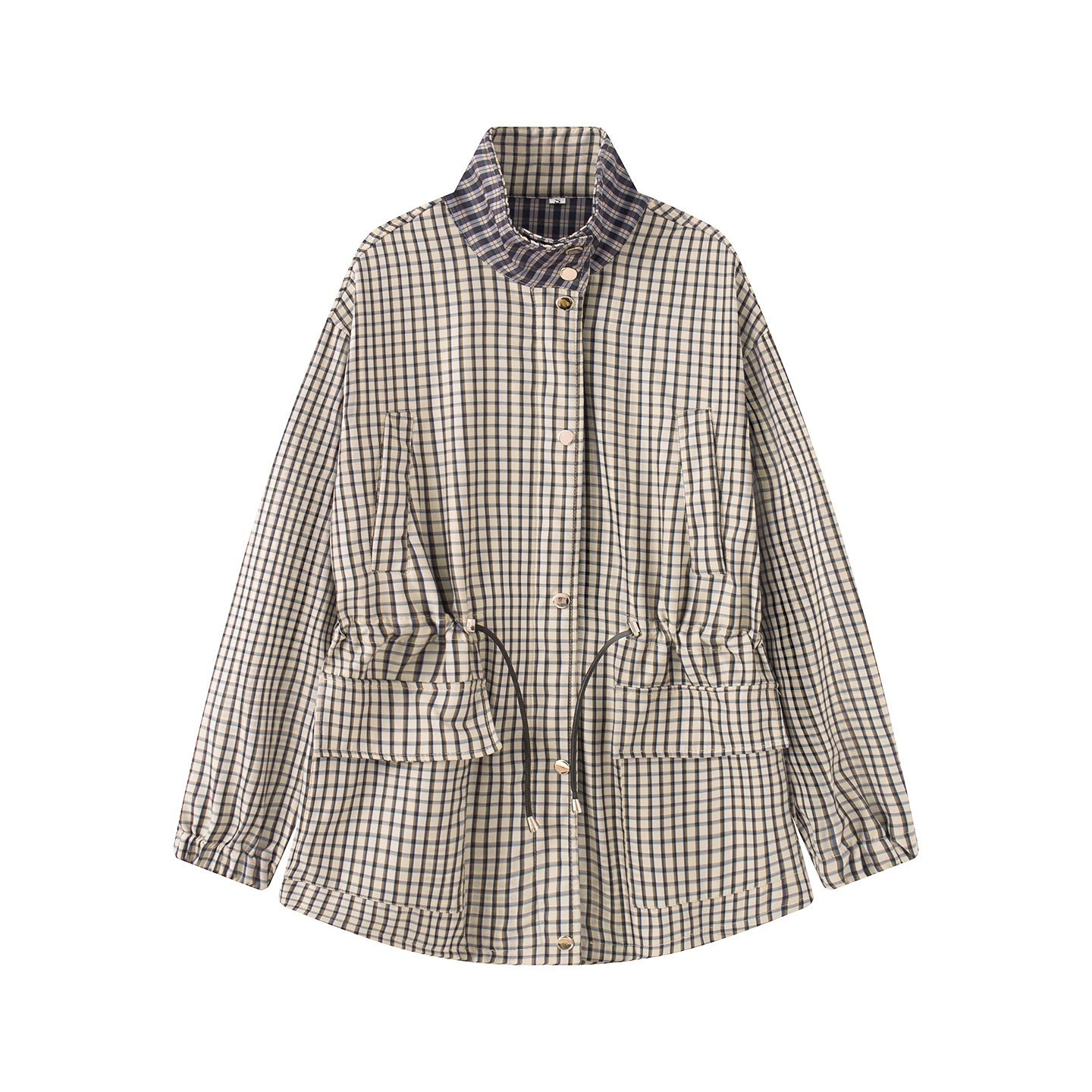 Women Checked Oversize Parka Jacket with Drawstring and Stand-up Collar Chichicherry