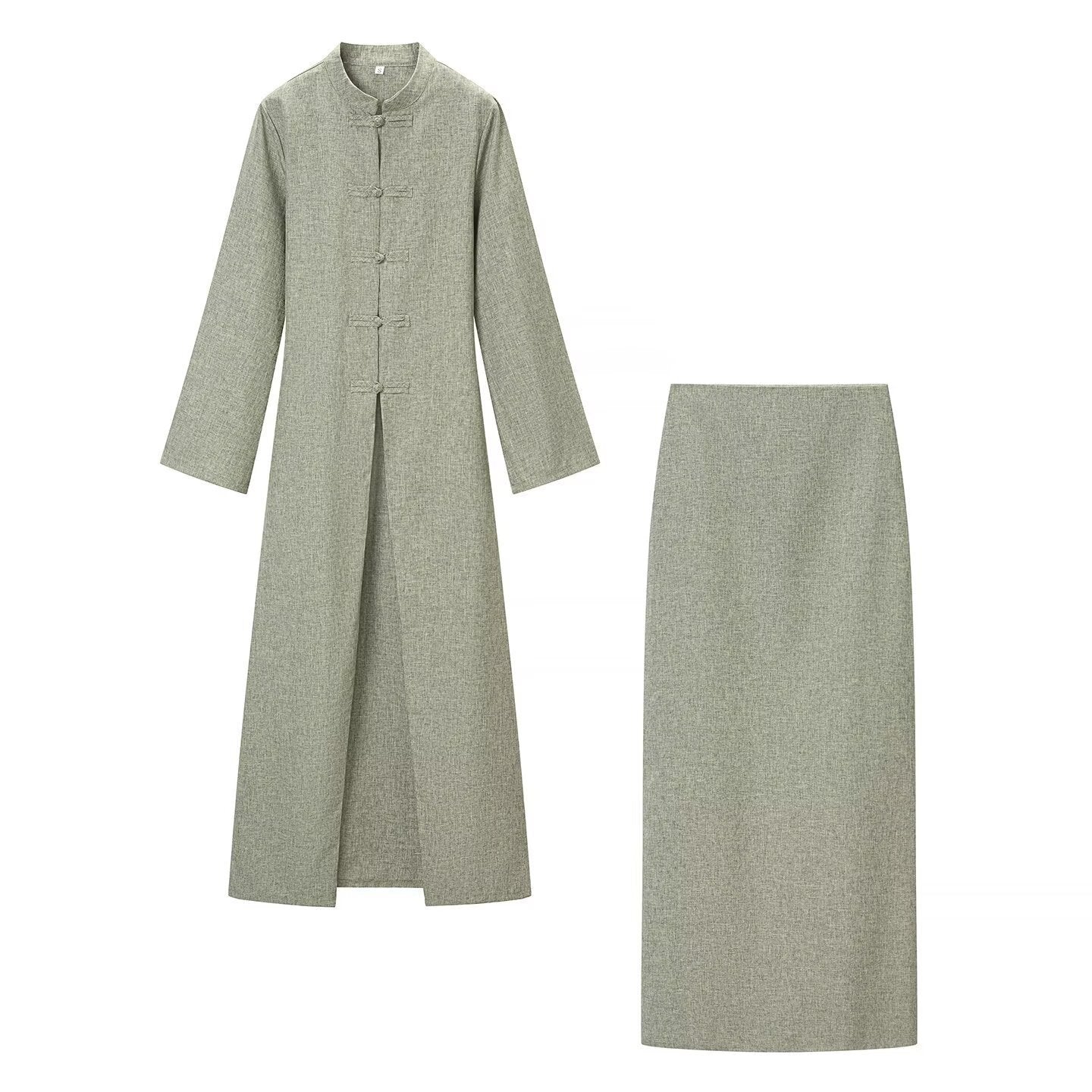 Women's Long Sleeve Maxi Dress with Stand Collar Toggle Button Closure and Front Slit Chichicherry