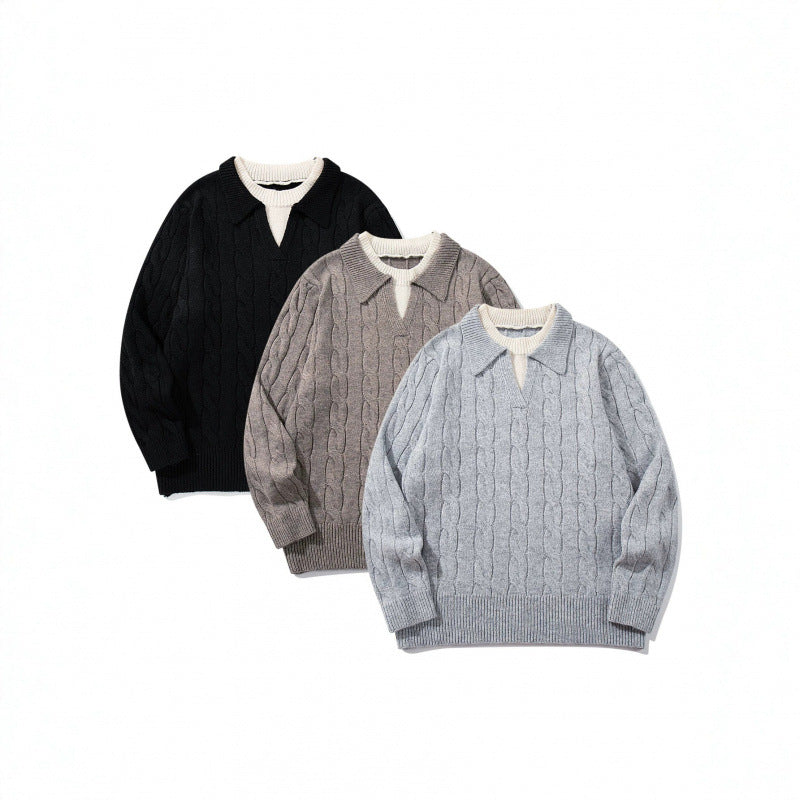 Men's chunky knit cable pattern sweater with polo collar and V-neck Chichicherry