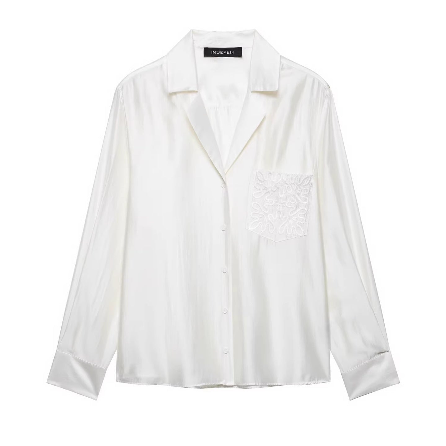 Women's Loose Satin Shirt with Notched Collar and Embroidered Chest Pocket Chichicherry