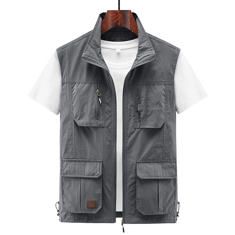 Men's Lightweight Utility Vest with Stand-Up Collar, Zipper Front and Multiple Zip Pockets Chichicherry