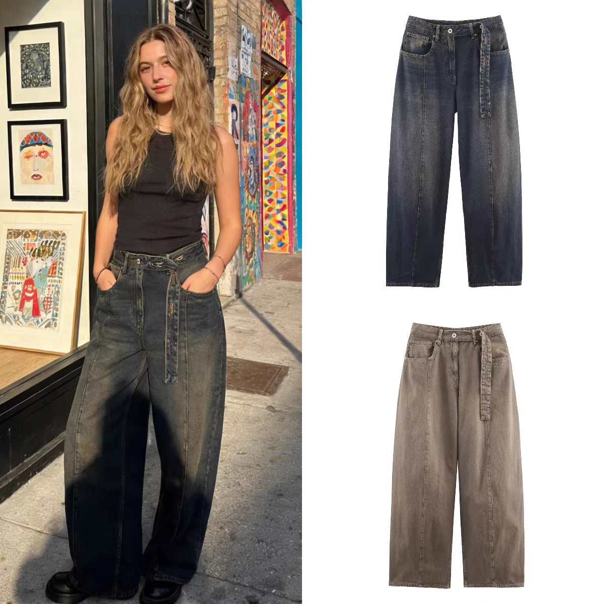 Women's wide high-waisted culotte pants with decorative seams, patch pockets and tie belt Chichicherry