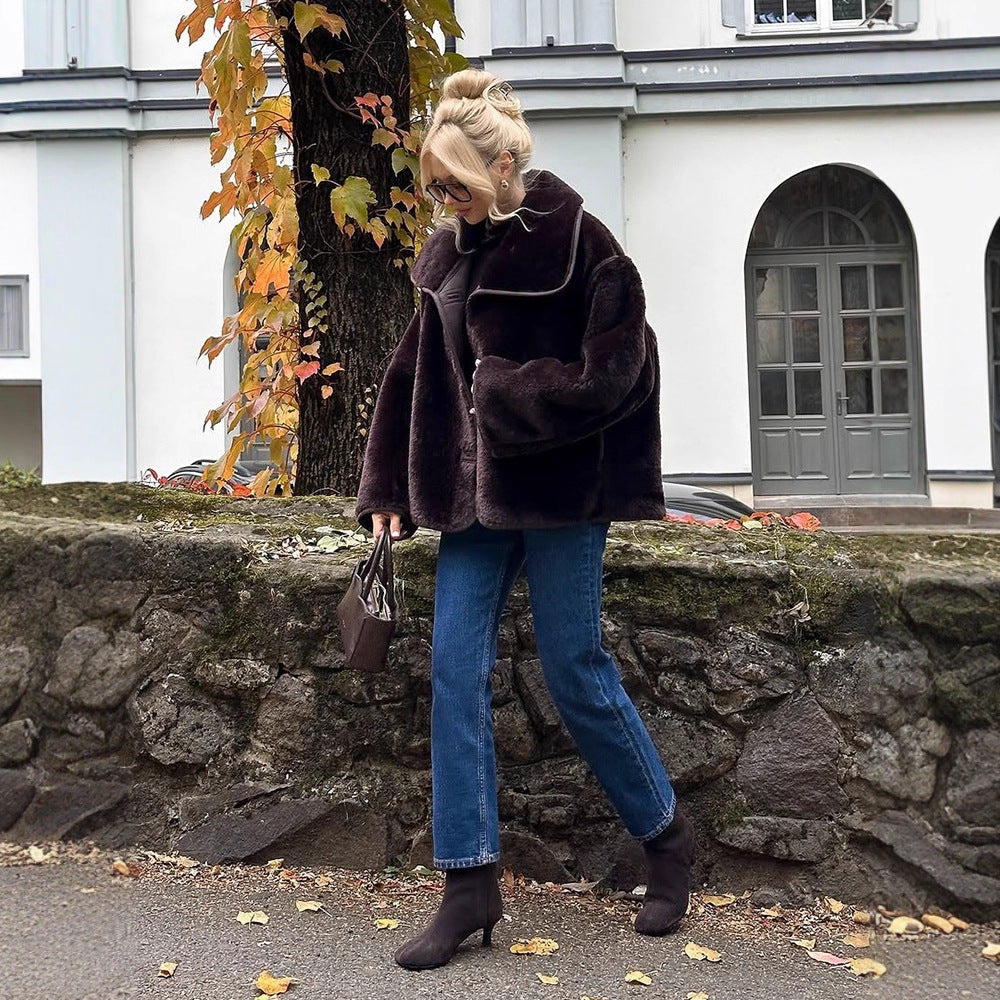 Women's Boxy Faux Fur Jacket with Voluminous Shawl Collar and Boxy Silhouette Chichicherry