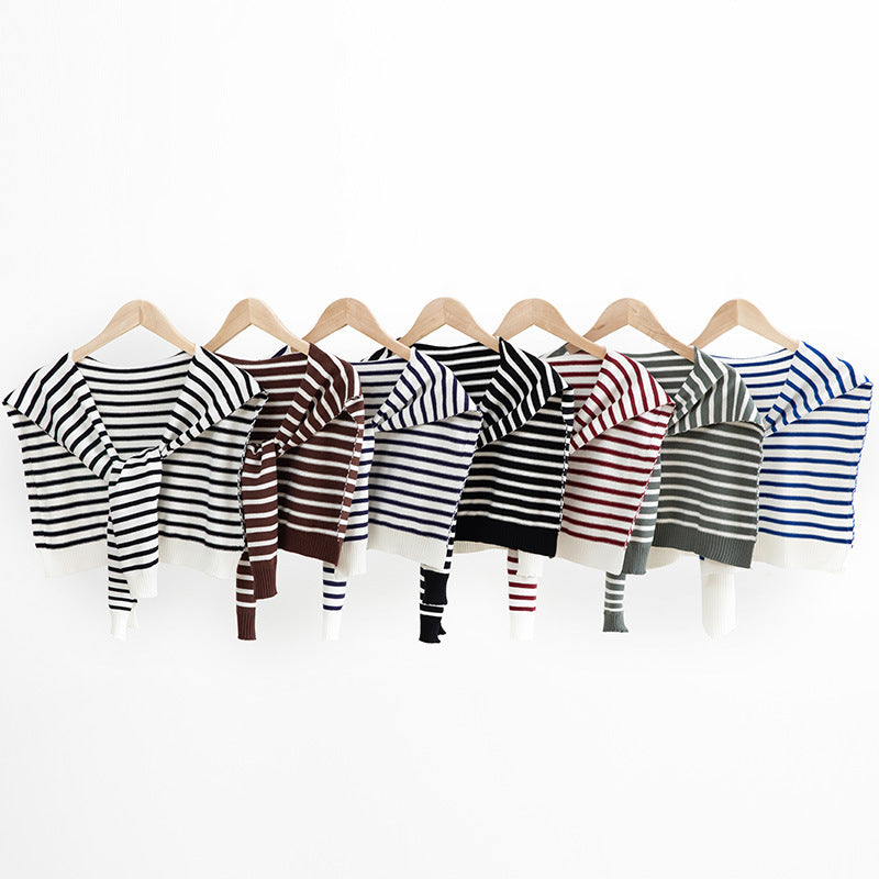 Women's Short Knitted Shoulder Cape to Tie Striped Fine Knit Wrap Stole Chichicherry