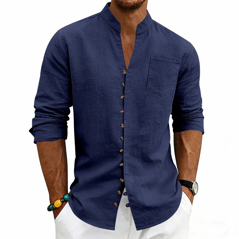 Men's shirt with stand-up collar and asymmetrical button placket made of linen mix Chichicherry
