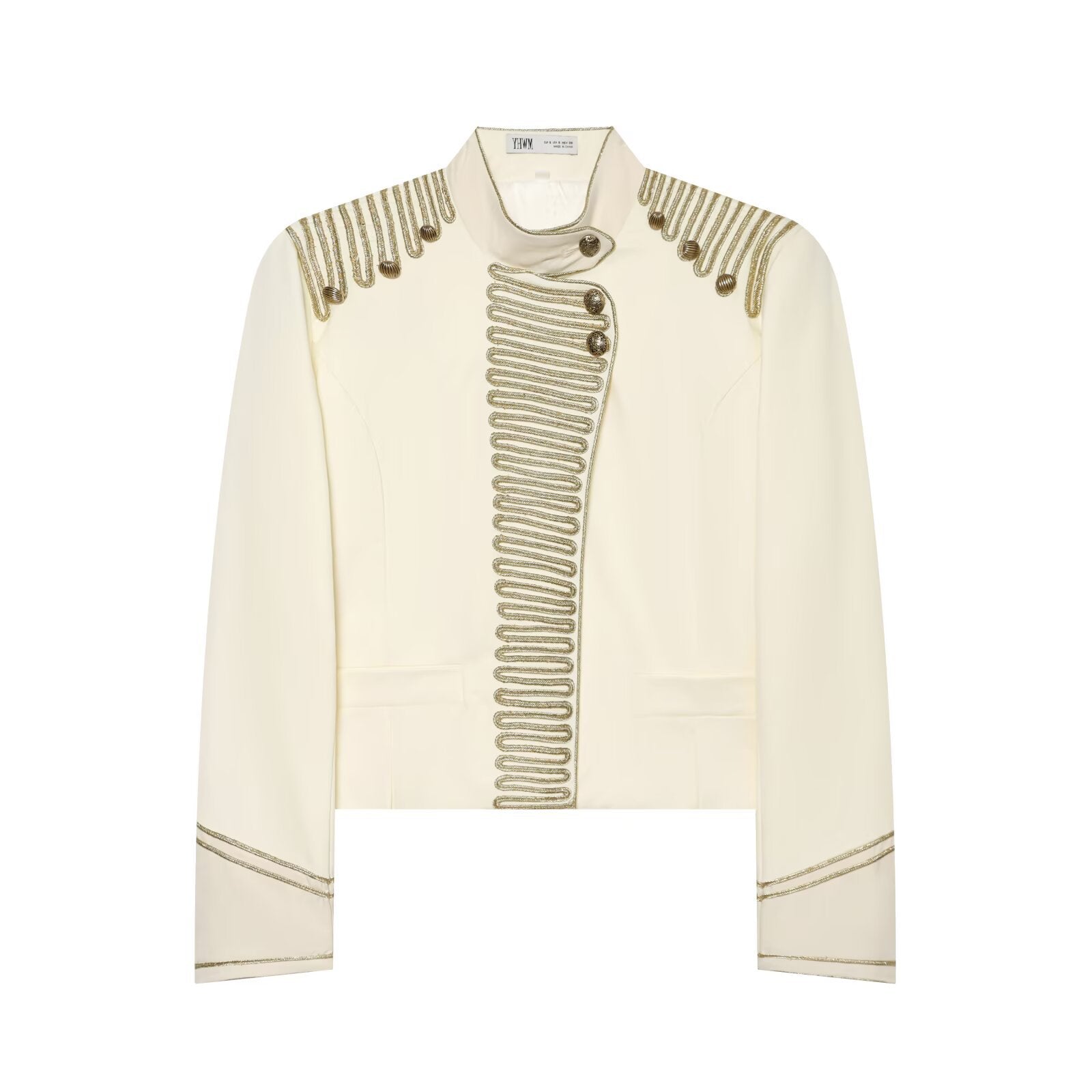Women's Military Style Short Blazer with Decorative Trim and Stand-Up Collar Chichicherry