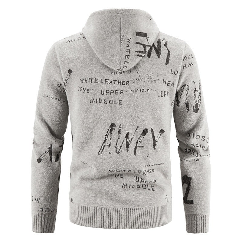 Men's knitted hooded jacket with full-length zipper, graphic all-over print, and side pockets Chichicherry