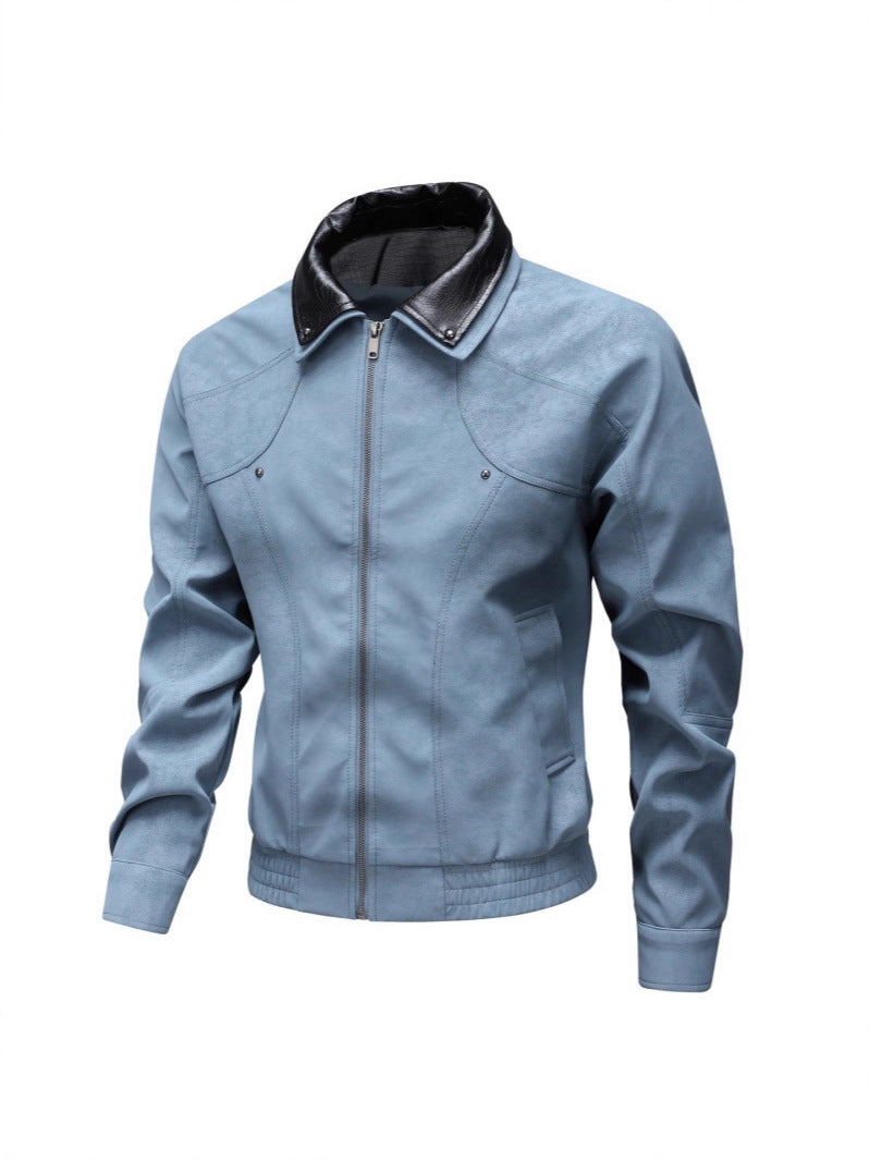 Men's Vintage-inspired Faux Leather Blouson Jacket with Contrast Collar Chichicherry