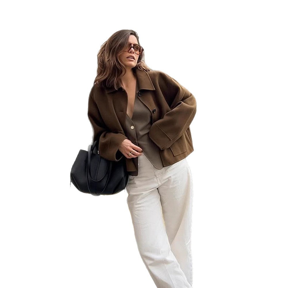 Women Short Wool Blend Blazer with Boxy Silhouette and Extra Long Sleeves Chichicherry