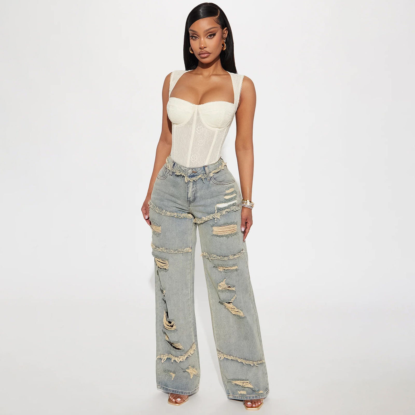 Women High Waisted Oversized Jeans with Wide Leg and Frayed Rips Chichicherry