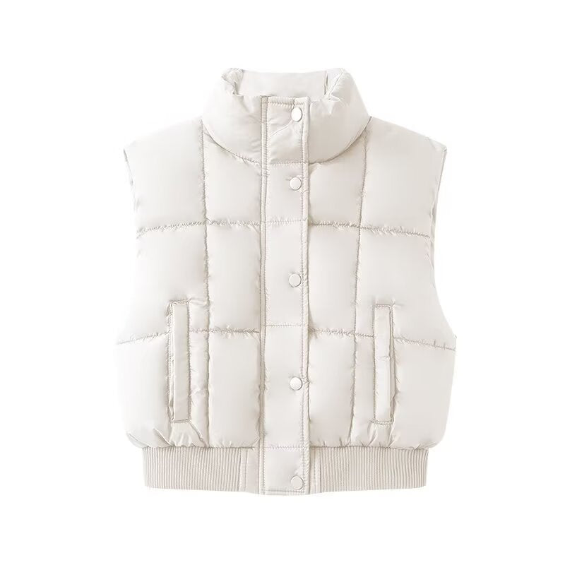 Women Quilted Cropped Puffer Vest with Stand Collar and Ribbed Hem Chichicherry
