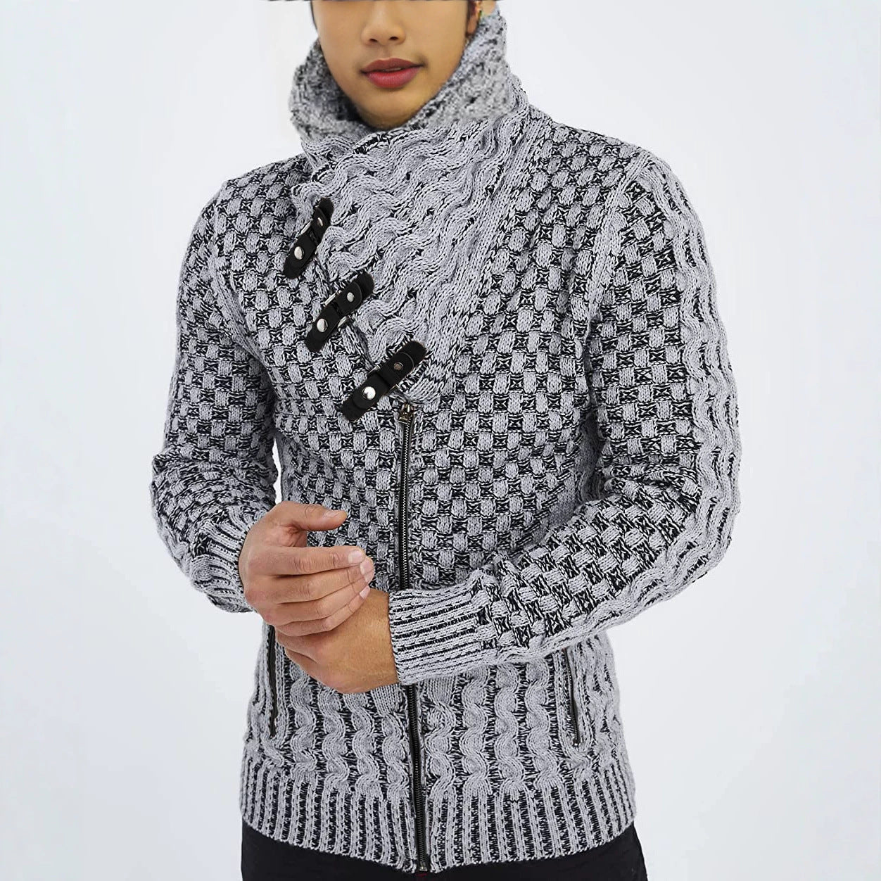 Men's chunky knit cardigan with asymmetric wrap collar and zipper Chichicherry