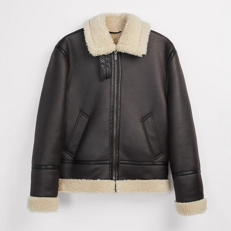 Men's short jacket made of artificial leather with teddy lining and lapel collar Chichicherry