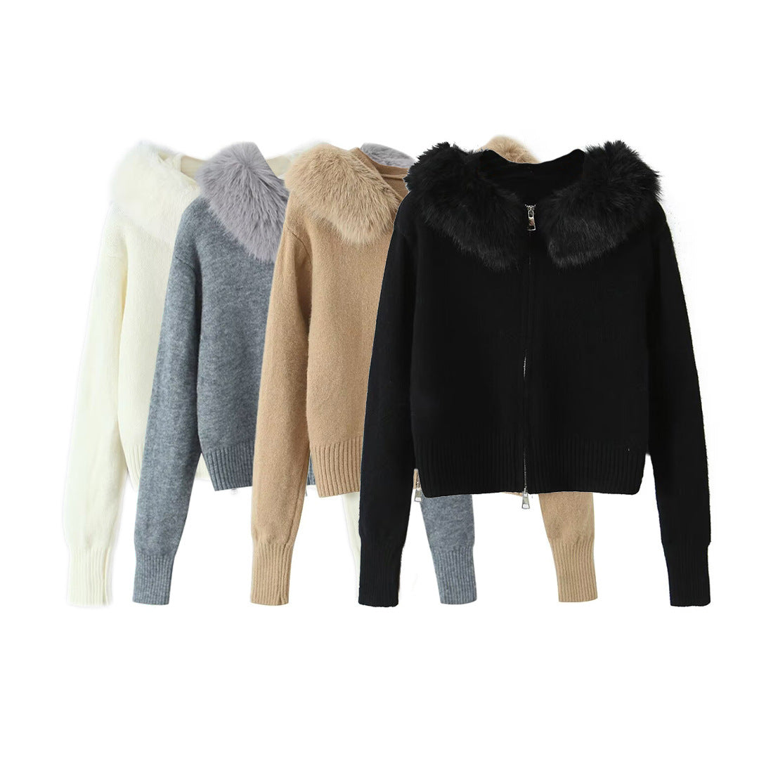 Women Short-Cut Knit Jacket with Zipper and Removable Faux Fur Collar Chichicherry