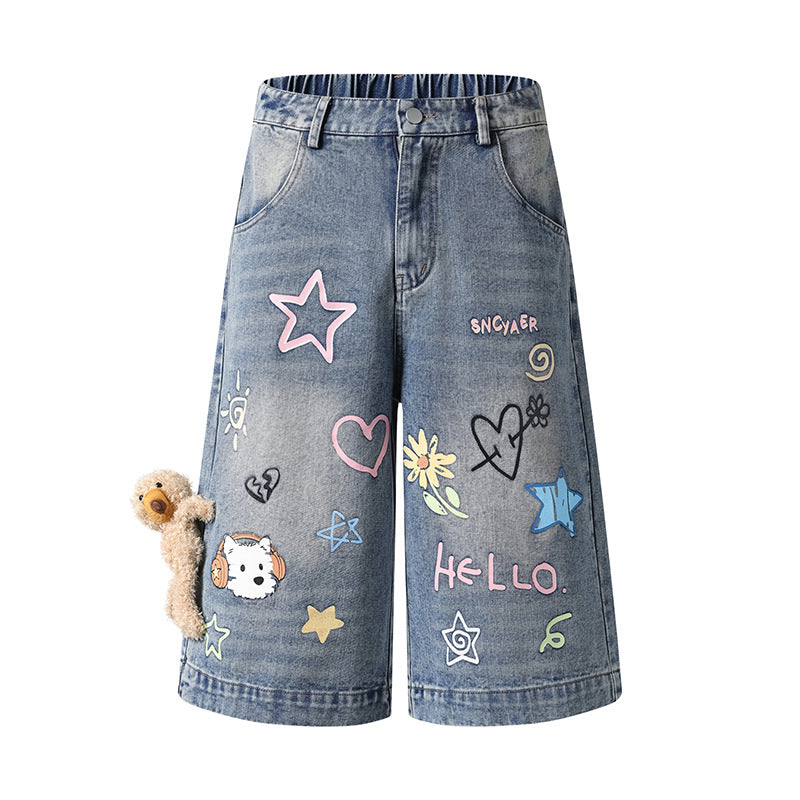 Women's playful denim culotte shorts with a high comfort waistband, allover doodle print & teddy pendant Chichicherry