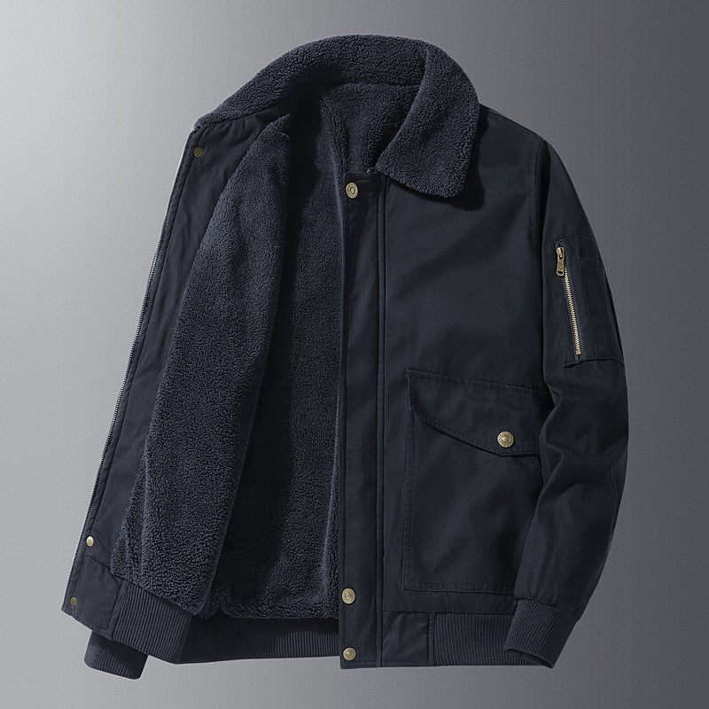 Men's teddy-lined pilot jacket in worker style with arm pocket and flap pockets.
